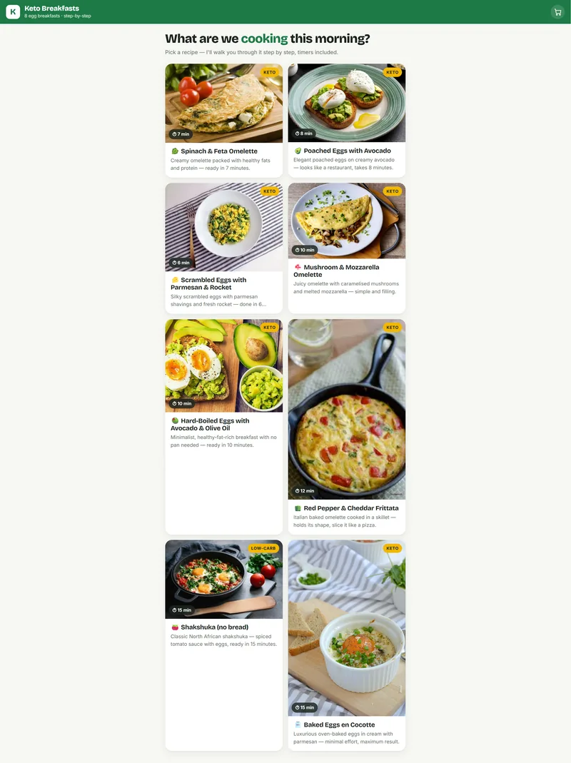 Keto Breakfasts app: recipe list with photos and cooking times