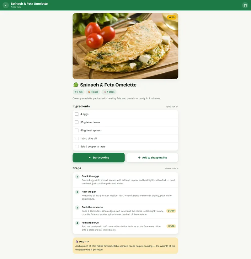 Recipe view with ingredients checklist and start cooking button