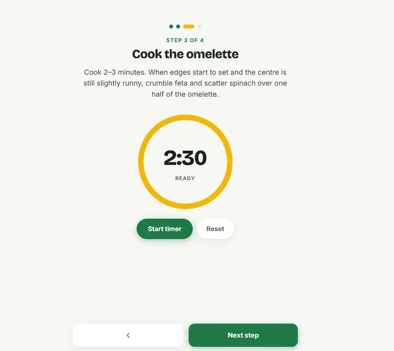 Cooking mode step with a built-in countdown timer